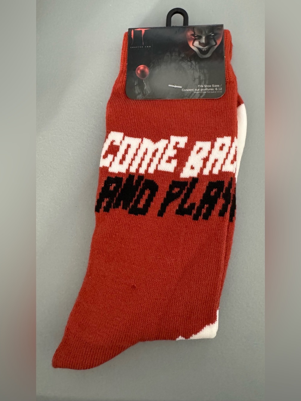 IT chapter two Red Crew Socks with White and Black Graphic Text pennywise clown